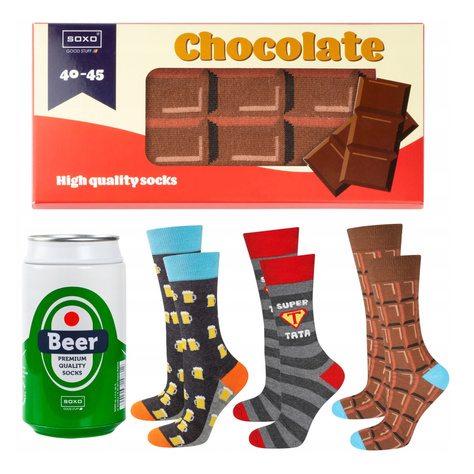 Gift for Dad: 1x Men's Socks Colorful SOXO Chocolate and 1x Men's Socks With The Inscription "Super Tata" and 1x Socks Men's Beer