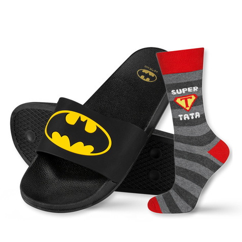 Dad Gift: 1x colorful SOXO men's socks with inscription "Super Tata" and 1x Batman men's slippers | Father's Day gift