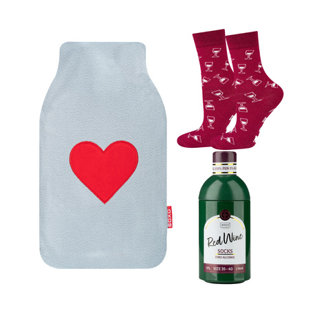 Gray hot water bottle and ladies socks in a wine bottle SOXO Valentine's day