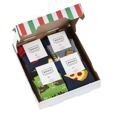 Set of 4x SOXO GOOD STUFF men's socks in a pizza box