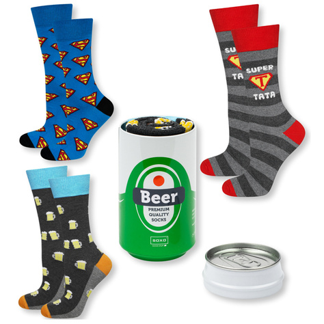 Gift for Dad: 1x Men's Socks Colorful SOXO Beer and 1x Men's Socks With The Inscription "Super Tata" and 1x Superman Men's Socks