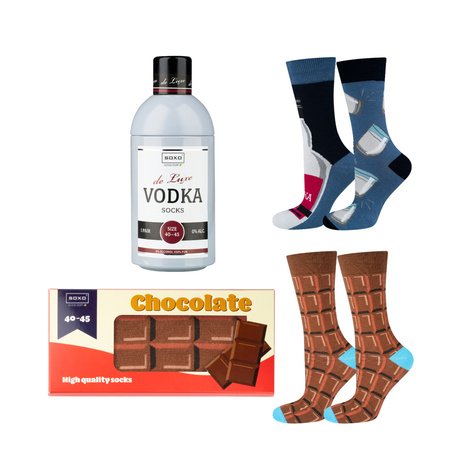 Set of 2x Colorful SOXO Vodka socks in a box and chocolate