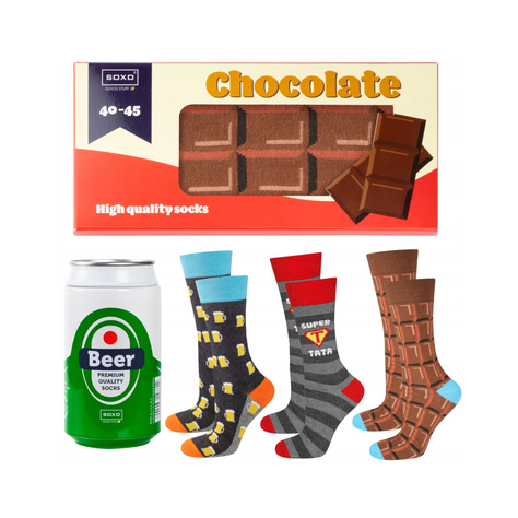 Gift for Dad: 1x Men's Socks Colorful SOXO Chocolate and 1x Men's Socks With The Inscription "Super Tata" and 1x Socks Men's Beer