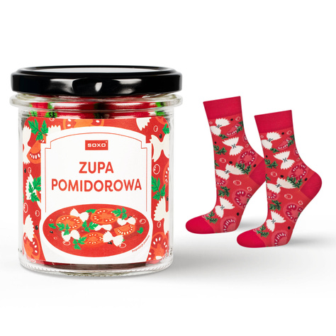 Colorful SOXO GOOD STUFF women's socks tomato soup in a jar, an idea for a funny gift