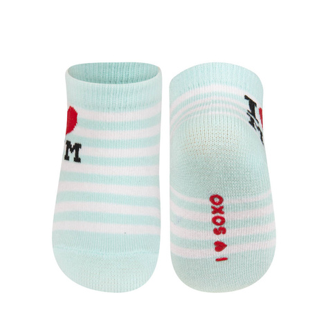 Colorful SOXO baby socks with an inscription