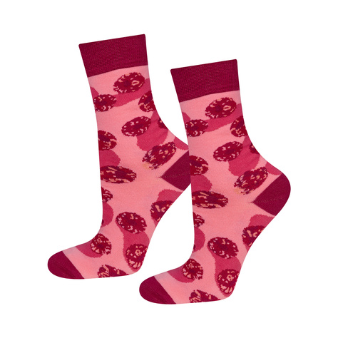 Women's pink SOXO GOOD STUFF socks with raspberry jam in a jar