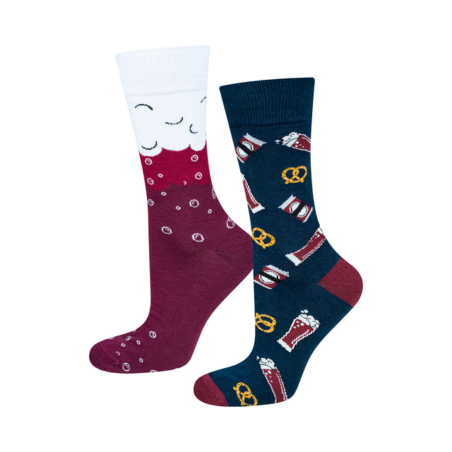 Men's colorful SOXO GOOD STUFF socks, funny Irish Red Ale Beer in a tin for a gift with inscriptions