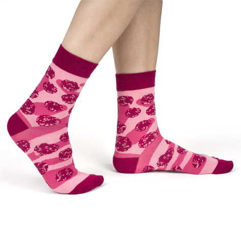 Women's pink SOXO GOOD STUFF socks with raspberry jam in a jar