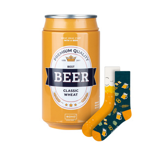 Men's colorful SOXO GOOD STUFF socks, funny classic wheat beer in a tin for a gift with inscriptions