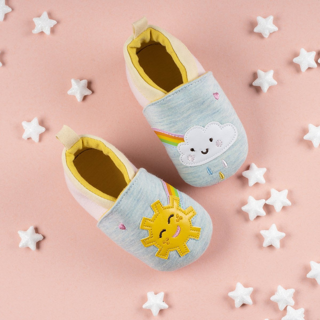 Blue SOXO baby slippers with sun and cloud