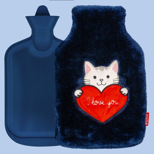  Hot water bottle SOXO kitten with heart, navy blue, 1.8 L
