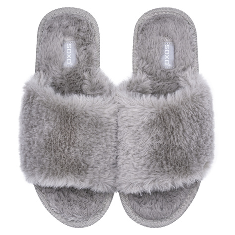 SOXO women's furry grey slippers with TPR hard sole in gift box