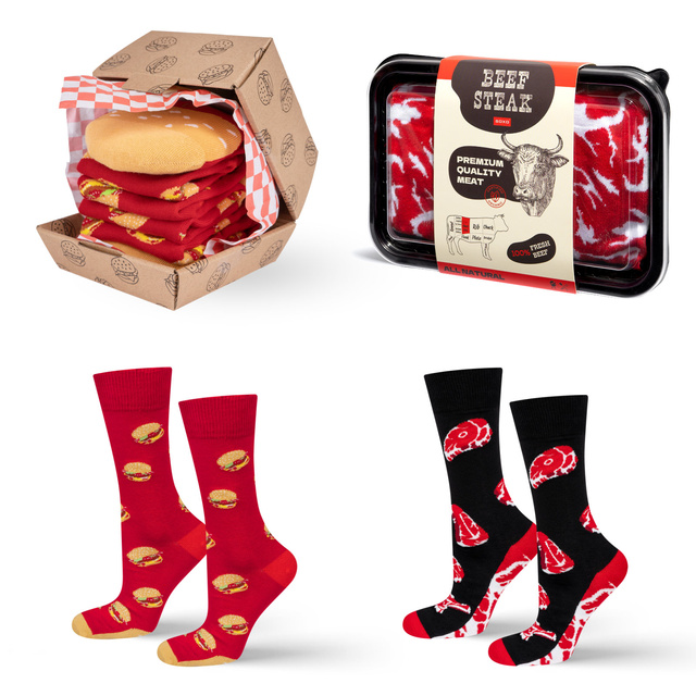 Set of Steak Socks and Hamburger Socks in a box