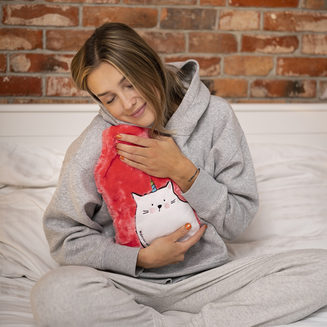 SOXO pink hot water bottle heater with a unicorn cat