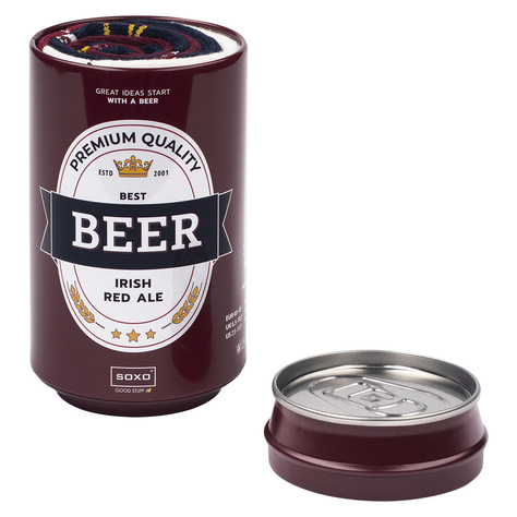 Men's colorful SOXO GOOD STUFF socks, funny Irish Red Ale Beer in a tin for a gift with inscriptions