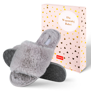 SOXO women's furry grey slippers with TPR hard sole in gift box