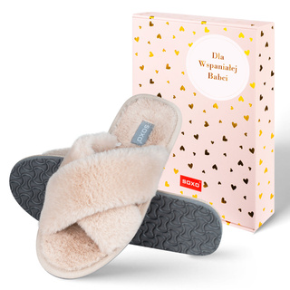 SOXO women's soft beige slippers in gift box with stickers