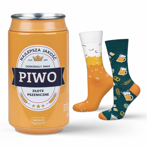 Men's colorful SOXO GOOD STUFF socks funny golden wheat beer in a can