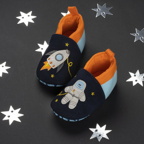 SOXO navy blue baby slippers with a cosmonaut and a rocket