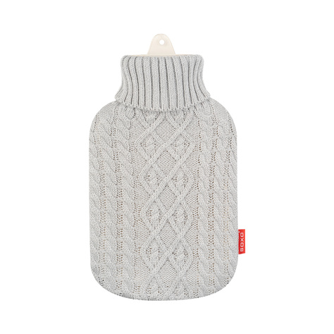 SOXO gray hot water bottle warmer in a sweater