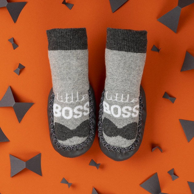 Gray SOXO baby slippers with a leather sole