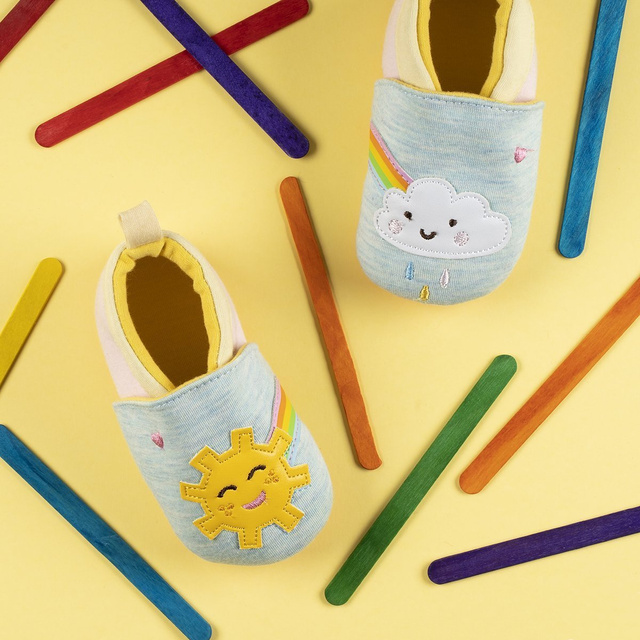 Blue SOXO baby slippers with sun and cloud