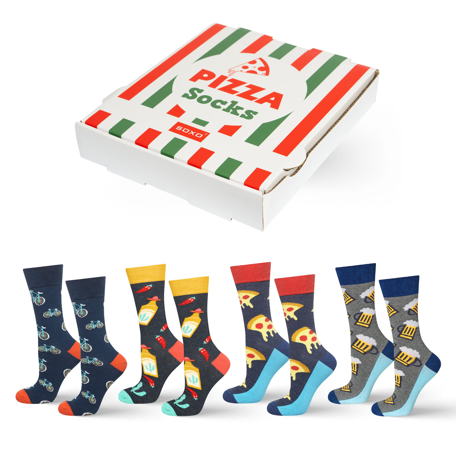 Set of 4x SOXO GOOD STUFF men's socks in a pizza box - price