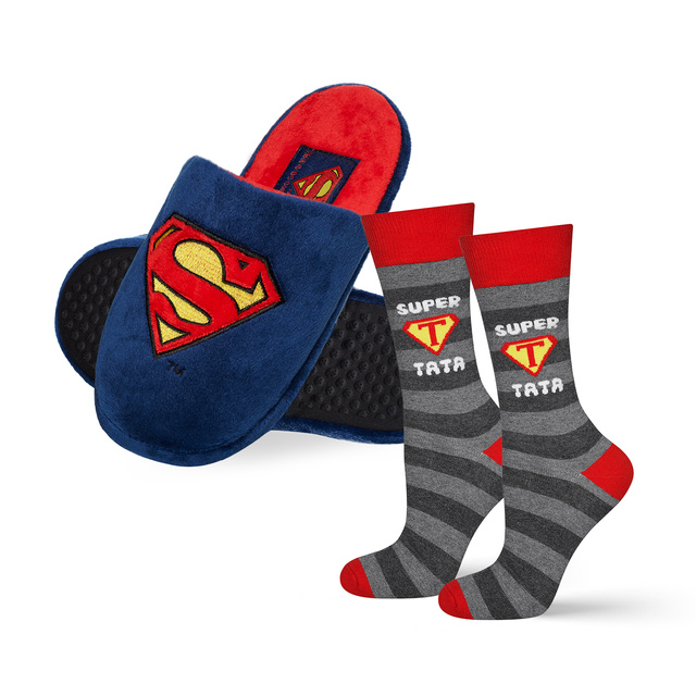 Dad Gift: 1x colorful SOXO men's socks with inscription "Super Tata" and 1x Superman men's slippers | Father's Day gift