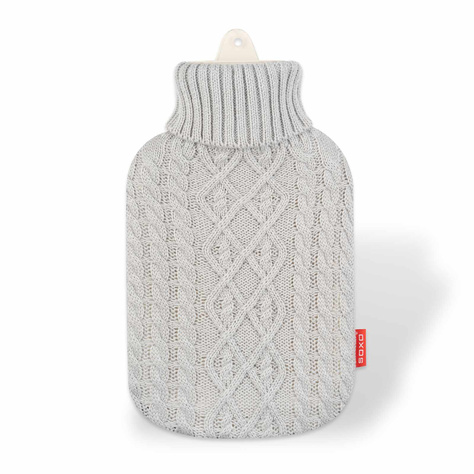 SOXO gray hot water bottle warmer in a sweater