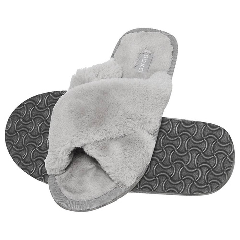 Women's slippers SOXO fur gray with a hard TPR sole, packed in a gift box