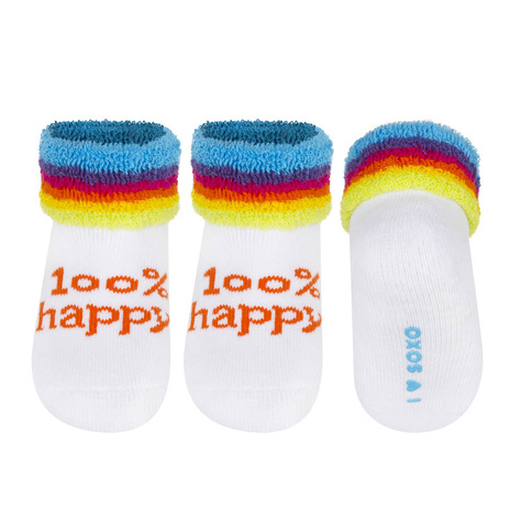 White SOXO baby socks with inscriptions and a colored welt