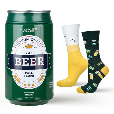 Men's colorful SOXO GOOD STUFF socks funny Pale Lager beer in a gift tin