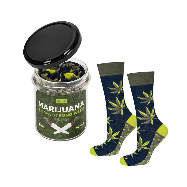 Men's colorful SOXO GOOD STUFF marijuana socks in a jar funny cotton