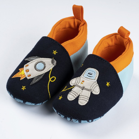 SOXO navy blue baby slippers with a cosmonaut and a rocket