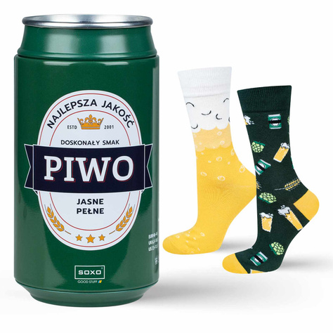 Men's colorful SOXO GOOD STUFF socks funny beer with polish inscription in a tin for a gift