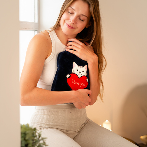  Hot water bottle SOXO kitten with heart, navy blue, 1.8 L