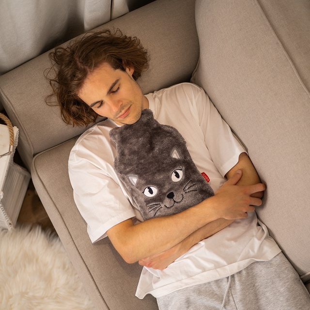 Hot water bottle 1.8L grey SOXO warmer in furry plush cover PRESENT  