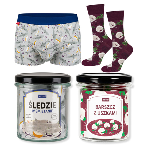 Men's boxer shorts herring in cream in a jar and red borscht socks in a jar SOXO | Gift for a man | Gift for Christmas