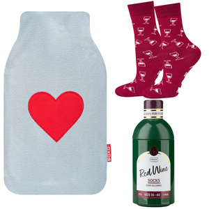 Gray hot water bottle and ladies socks in a wine bottle SOXO Valentine's day