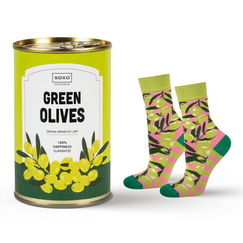 Funny socks olives in a tin SOXO GOOD STUFF for a gift for women