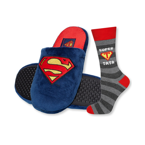 Dad Gift: 1x colorful SOXO men's socks with inscription "Super Tata" and 1x Superman men's slippers | Father's Day gift