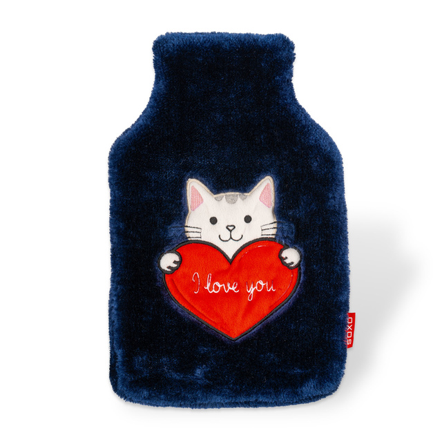  Hot water bottle SOXO kitten with heart, navy blue, 1.8 L