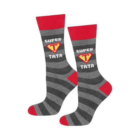 Prezent dla Taty: 1x Kolorowe Męskie Skarpetki SOXO z napisem "Super Tata" i 1x Kapcie Męskie Superman | prezent na Dzień Ojca
