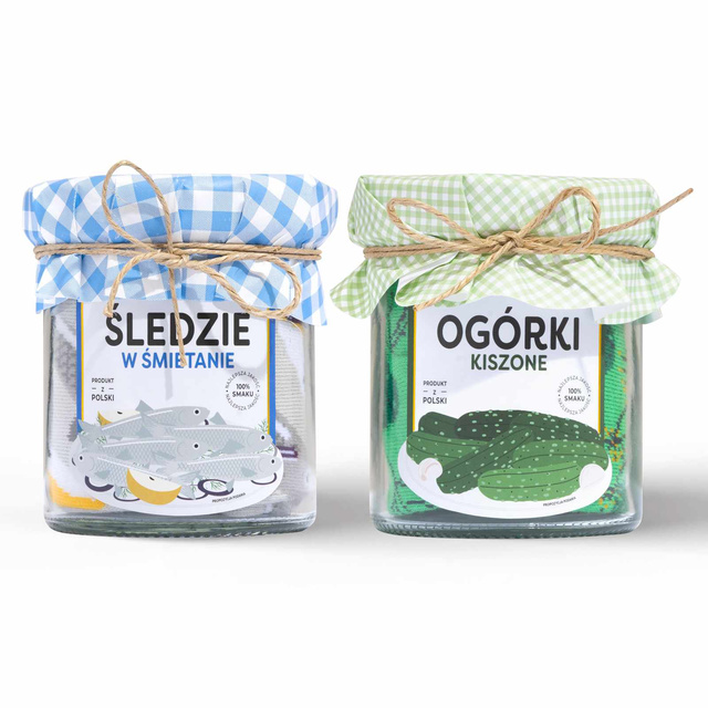 Set of socks in a jar with herring and pickles