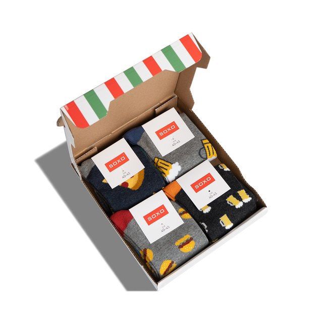 Set of 4x SOXO GOOD STUFF men's socks in a pizza box