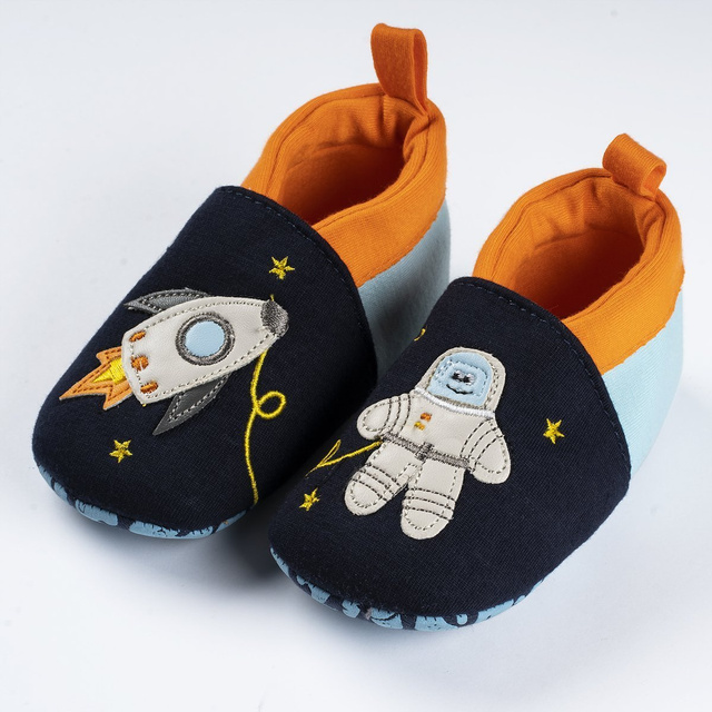 SOXO navy blue baby slippers with a cosmonaut and a rocket