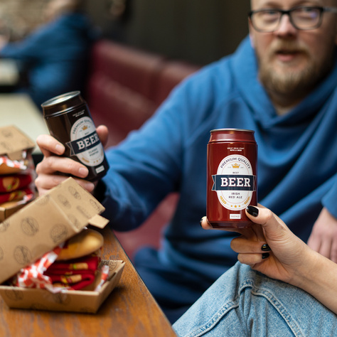 Men's colorful SOXO GOOD STUFF socks, funny Irish Red Ale Beer in a tin for a gift with inscriptions