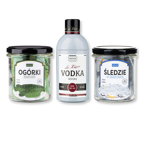 Set of 3x Men's Socks Soxo | Boy's Day | Herrings and pickled cucumbers in a jar | Vodka in a bottle | as a gift for Him