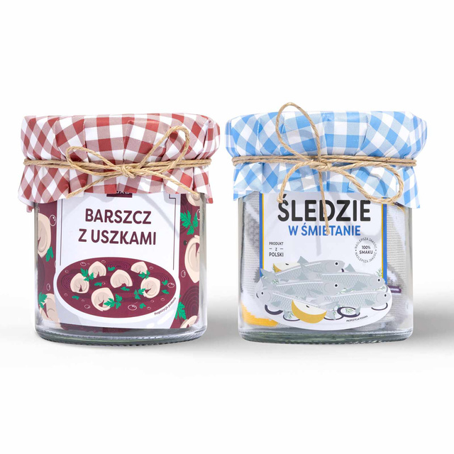Set of socks in a jar, herring and borscht with dumplings