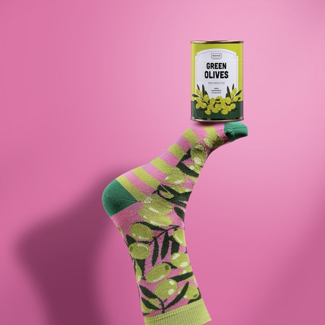 Funny socks olives in a tin SOXO GOOD STUFF for a gift for women